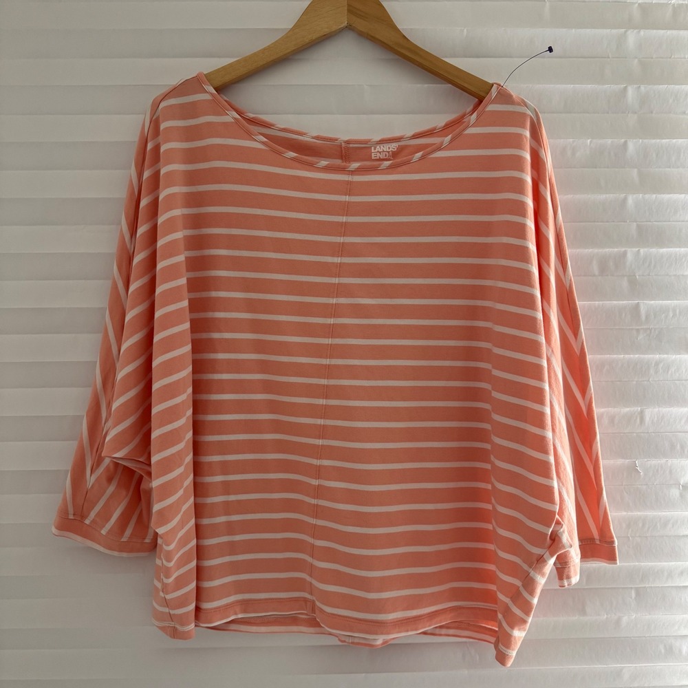 Lands End Womens XL‎ Peach White Striped Dolman Sleeve Boat Neck Knit Top Cotton